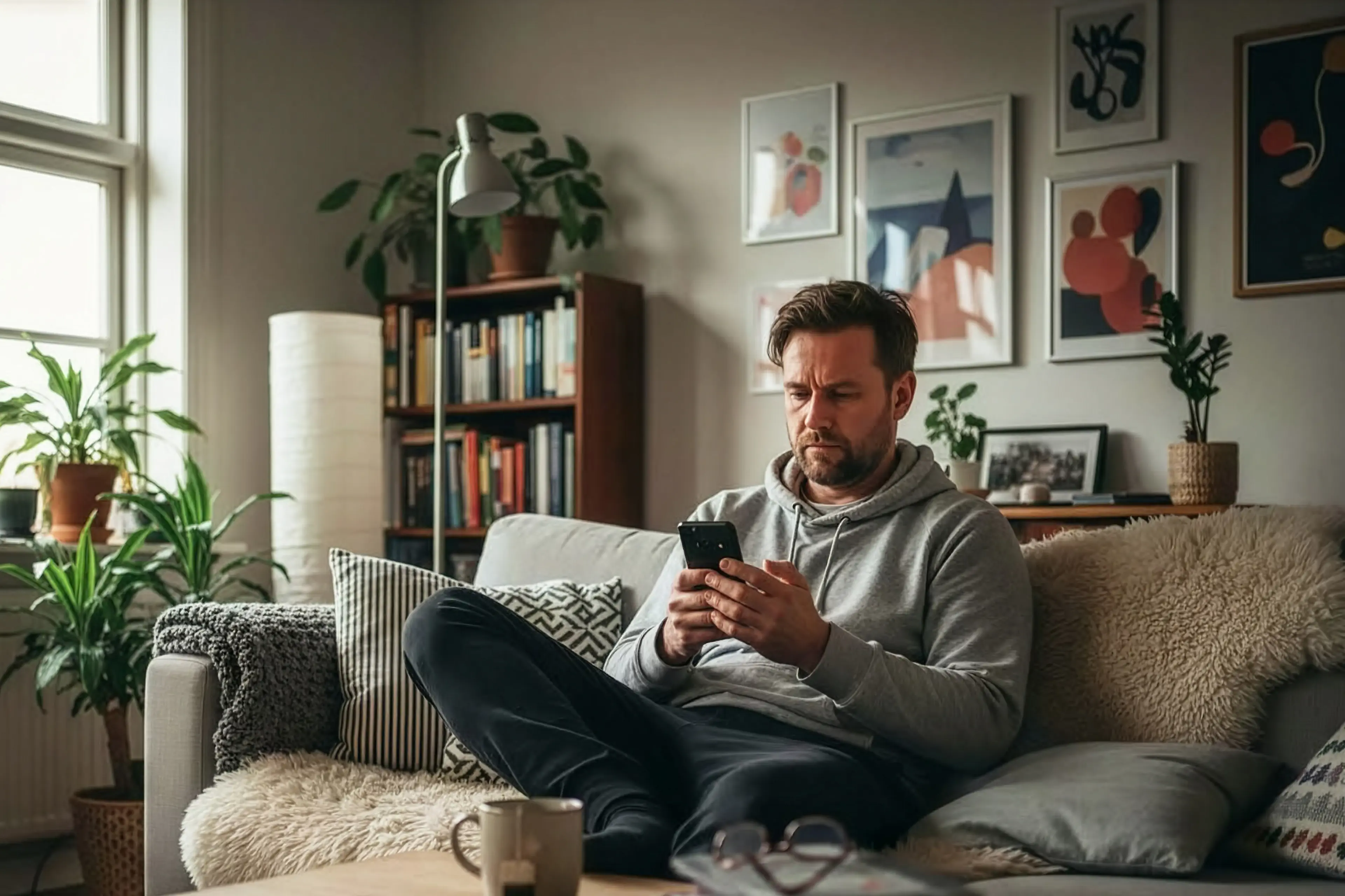Mand der sidder i en sofa med sin telefon