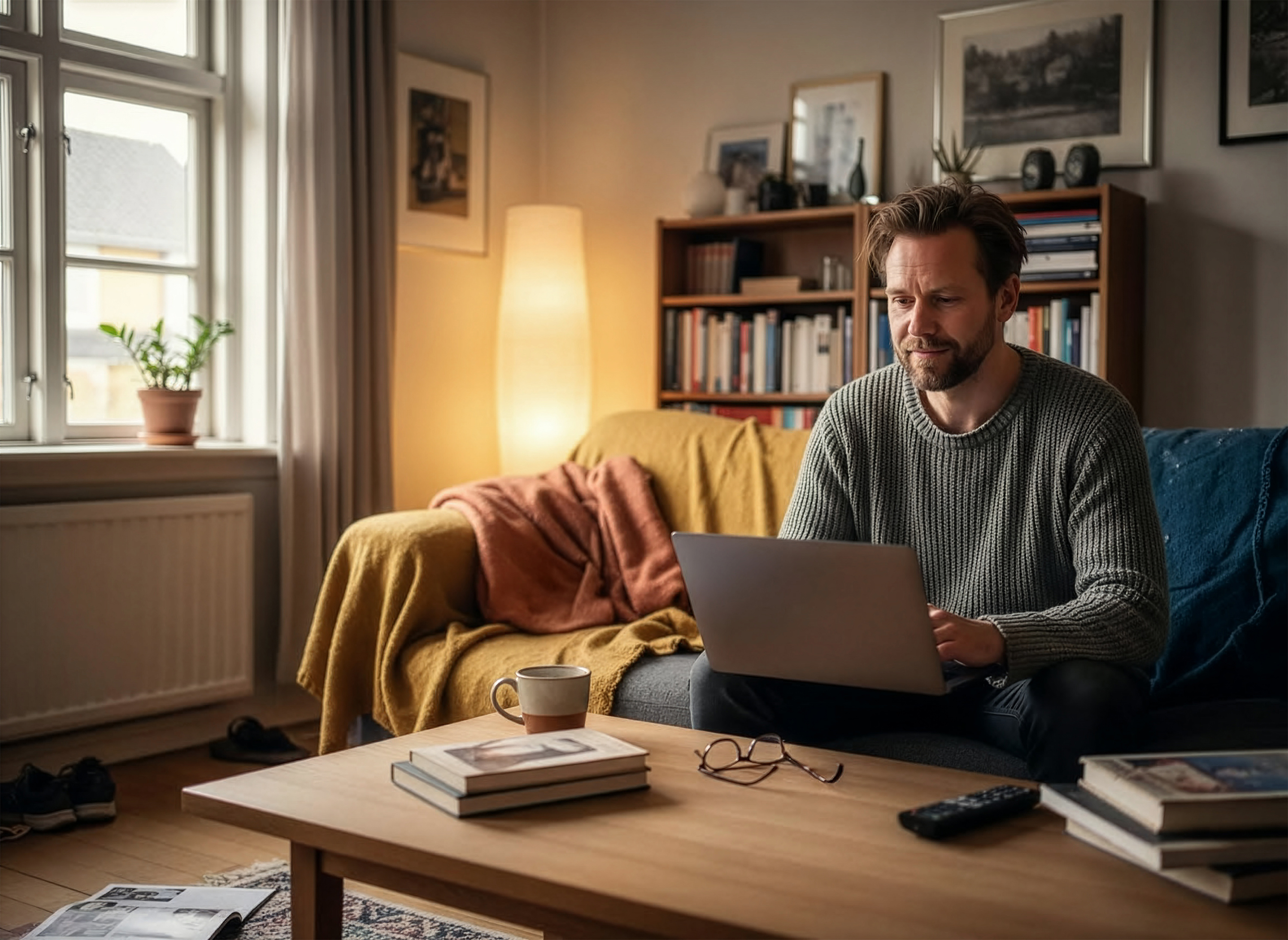 Mand der sidder i dagligstue med sin computer. 