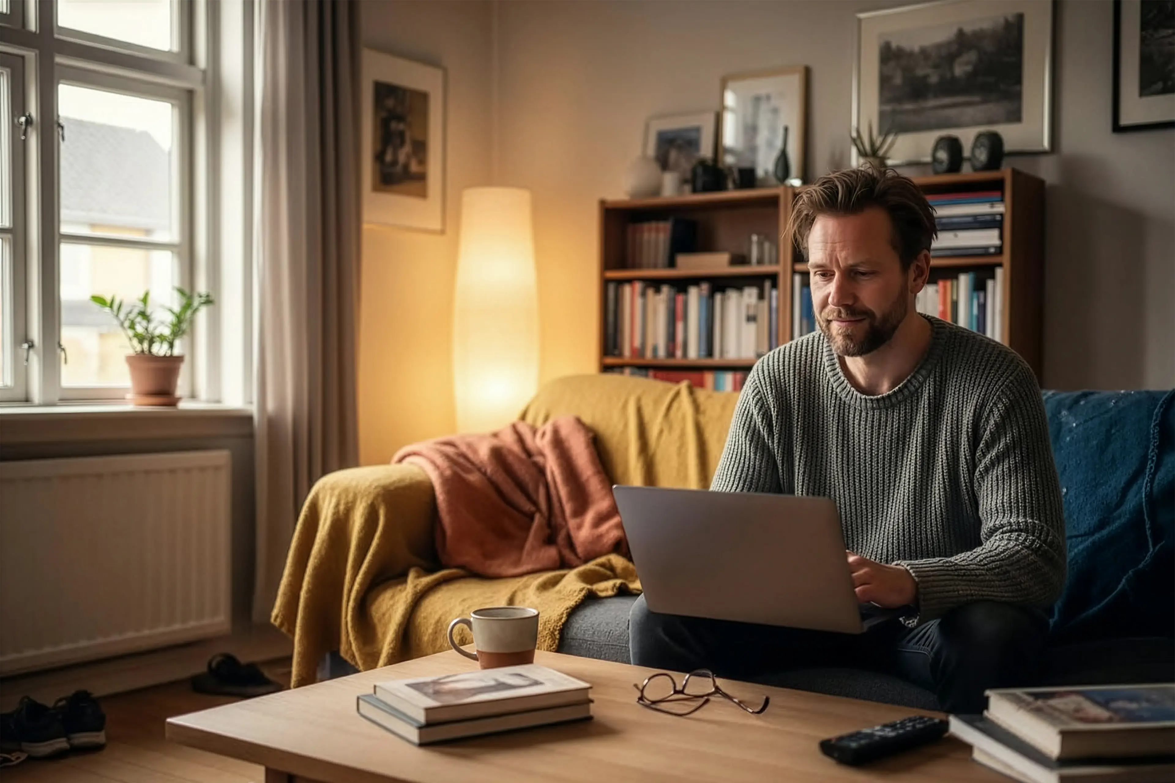Mand der sidder i dagligstue med sin computer.