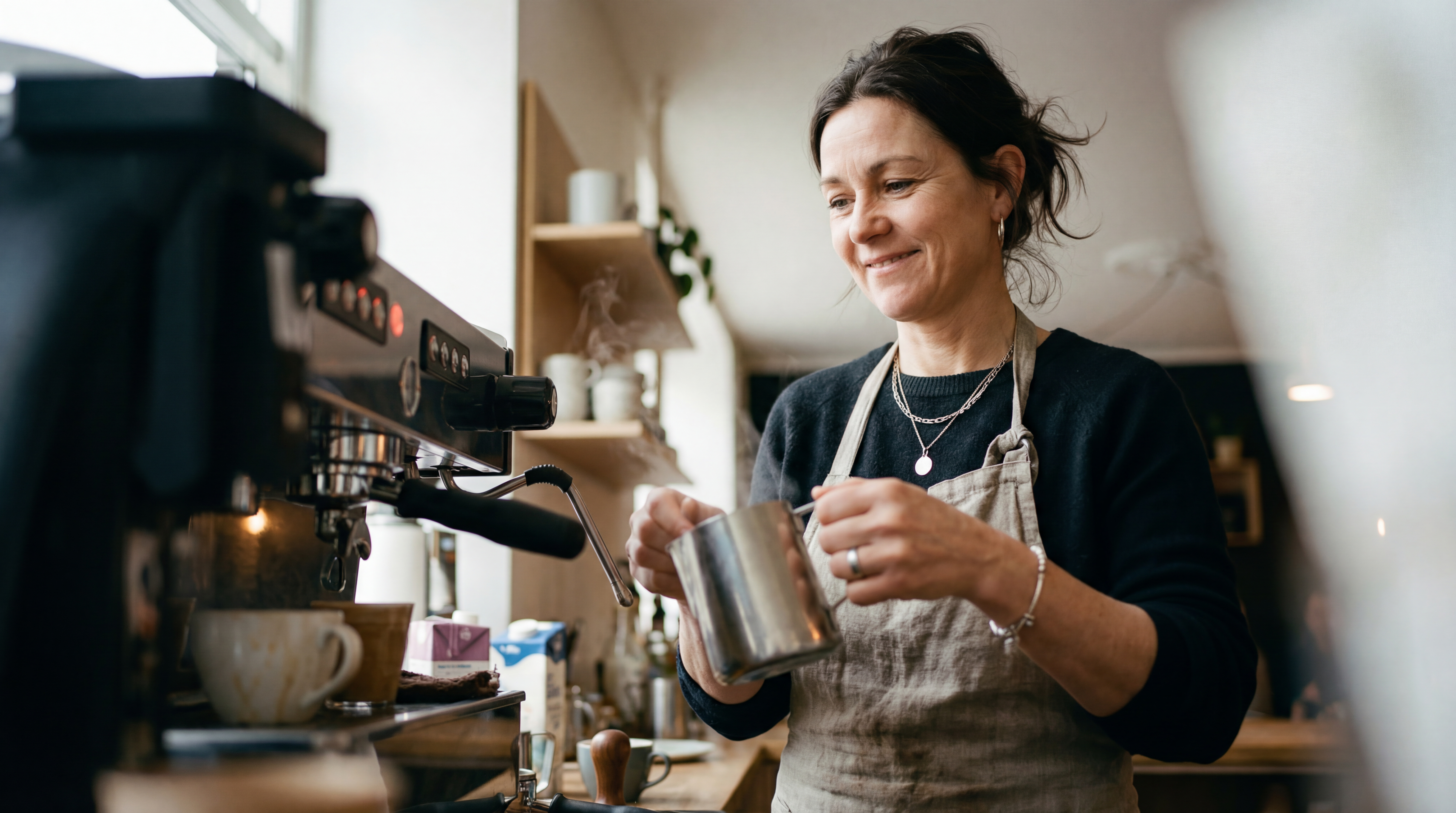 Selvstændig laver kaffe i sin café med adgang til hjælp om regler og drift