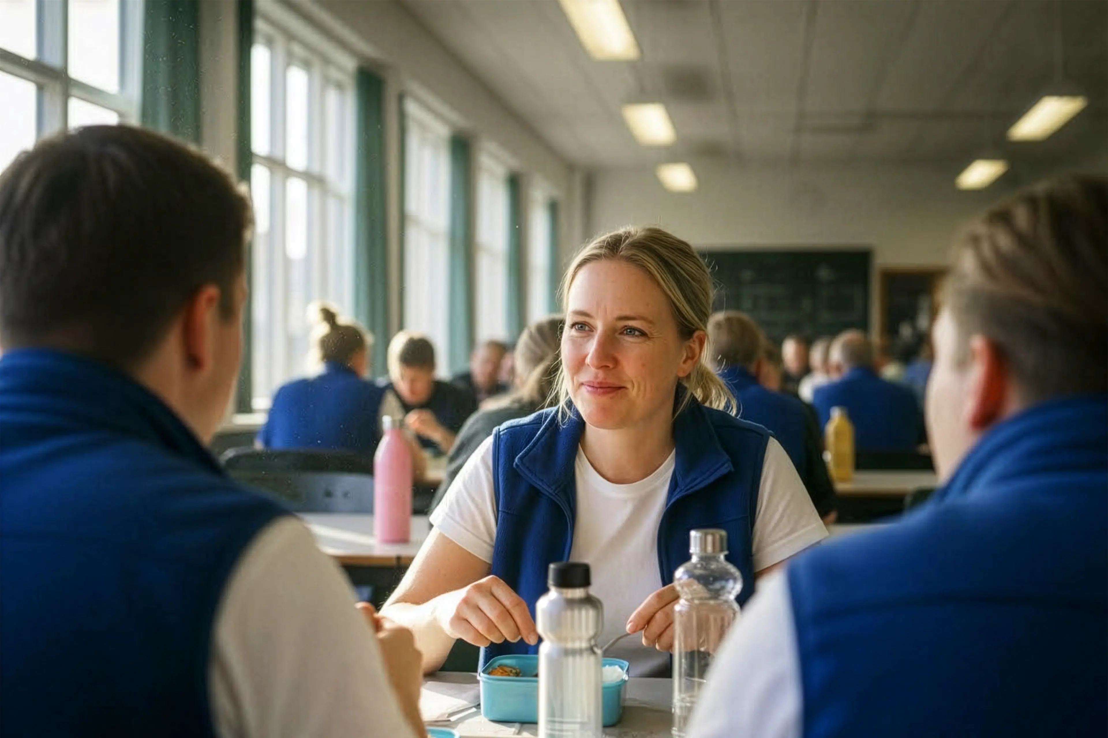 Kvinde i samtale under frokosten på sin arbejdsplads