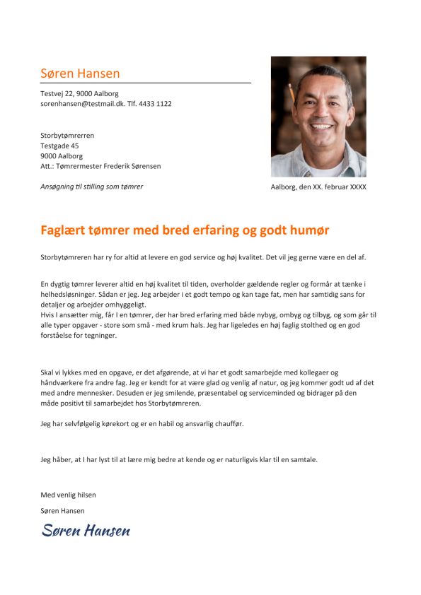 Eksempel på opfordret ansøgning for en Tømrer