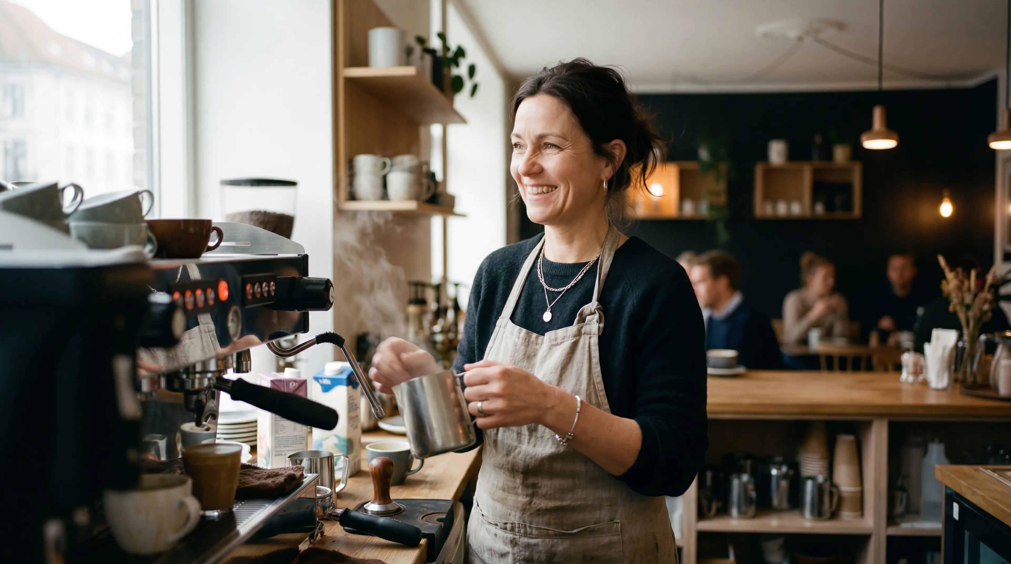 Selvstændig laver kaffe i sin café med adgang til hjælp om regler og drift